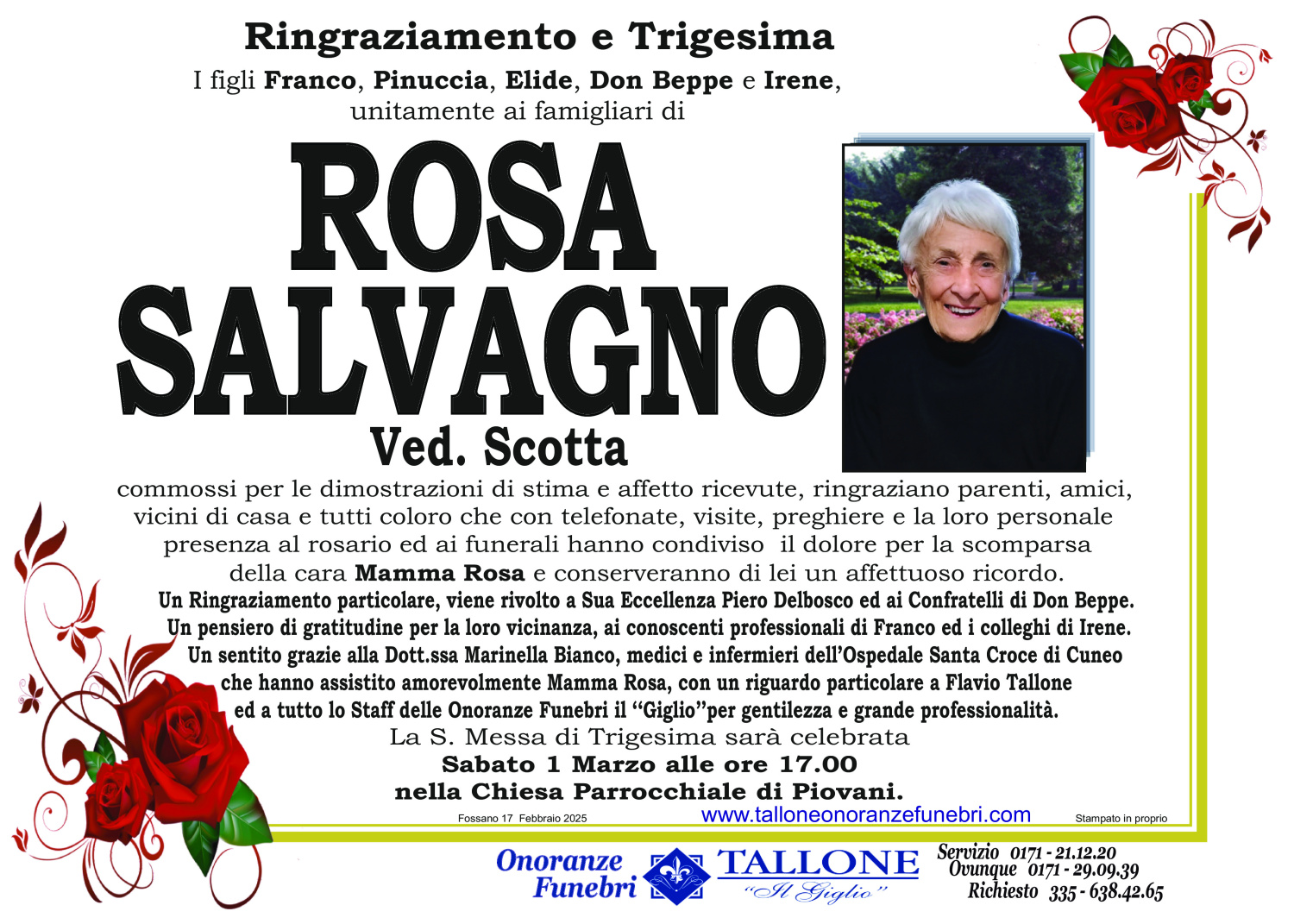 <br />
<b>Warning</b>:  Undefined variable $info in <b>/home/tallone/public_html/ringraziamenti.php</b> on line <b>68</b><br />
Rosa Salvagno